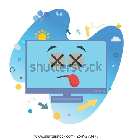 Dead Computer Character on Computer Monitor Screen - Perfect Vector Illustration for Fun and Cheerful Designs | Dead Icon Design on Computer Monitor Screen