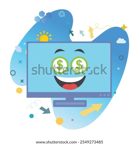 Greed Eyes Computer Character on Computer Monitor Screen - Perfect Vector Illustration for Fun and Cheerful Designs | Greed Eyes Icon Design on Computer Monitor Screen