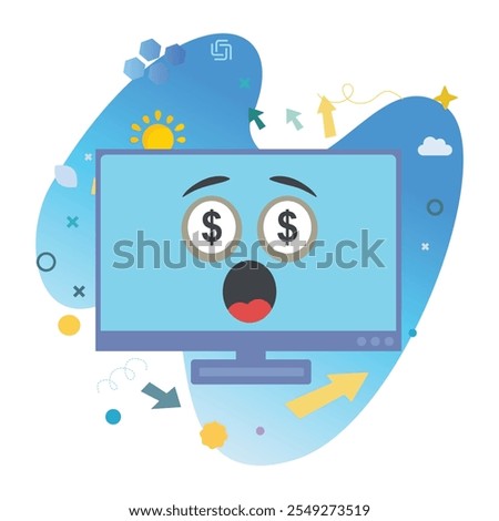 Greed Computer Character on Computer Monitor Screen - Perfect Vector Illustration for Fun and Cheerful Designs | Greed Icon Design on Computer Monitor Screen