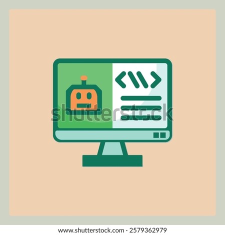 Illustration of a Computer Monitor Displaying a Robot and Code Snippet icon design