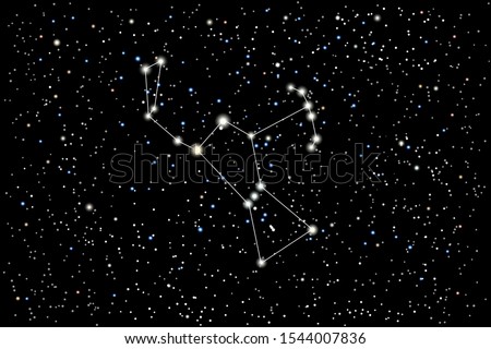 Vector illustration of the constellation Orion on a starry black sky background. Hunter Orion in Greek mythology. The bright stars in the constellation are Rigel, Betelgeuse and the red supergiant.