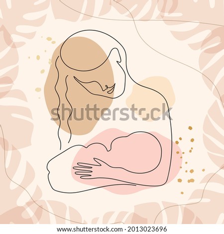 World Breastfeeding Week banner. Young woman and newborn baby. Mother holding child. Line art beige  concept, vector.