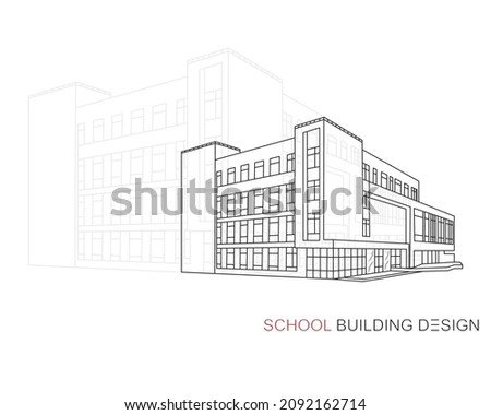 Modern school building design. Line art architectural drawing isolated on white, vector.