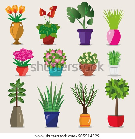 Set of colorful bright flowerpots for house.  Vector illustration isolated. Collection of modern flower pots and vases.
