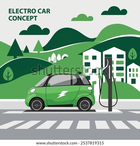 vector illustration of a green electric car charging at a charging station in an eco-friendly environment. The car should have a simple, modern design