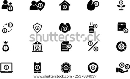 Finance icon pack | Black fill. money line icons. income sign. profit graph, financial report, increase , savings, money bag, investment, revenue, growth, dollar, inflation, economic symbol.