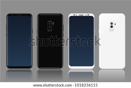 Illustration Realistic Vector Mockup New Generation of Smartphone 2018 with round edges, blank screen, no Home Button and frameless curved Display 2 colors black and white  with dual camera and flash.