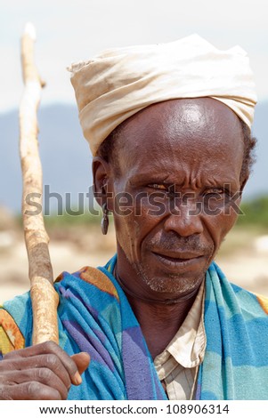OMO VALLEY, ETHIOPIA - AUG 16: Elder Dasanech ethnicity ,the ethnic groups in the Omo valley Could disappear Because of Gibe III hydroelectric dam on Aug 16, 2011 in Omo Valley, Ethiopia.