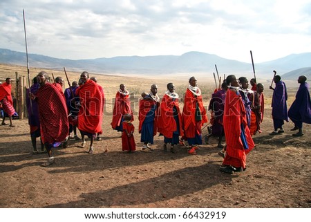 TANZANIA - AUGUST 18: Massai Warriors exhibits their dance before the visit of tourists, their main source of revenue today, August 18, 2007 in Ngorongoro, Tanzania.