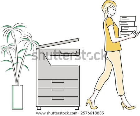 Businesswoman walking to her desk after copying documents on a copy machine