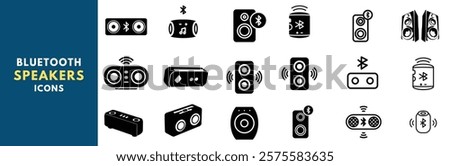 Set of vector icons featuring various Bluetooth speaker styles. Perfect for tech, audio, and design projects.