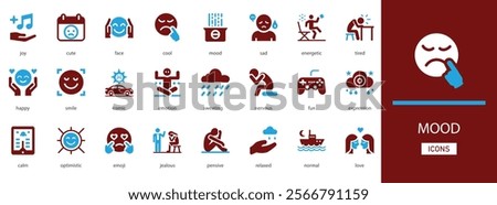 Mood  icon set. with  tired, happy, pensive, relaxed, love, sad, emotion and more solid icons