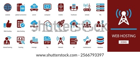 Web hosting vector icon set.  with server, database, website, global connection, computer more icons