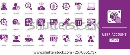 User account vector icon set. with biometrics, add friend, privacy settings, delete account, edit profile, registration and more solid collection 