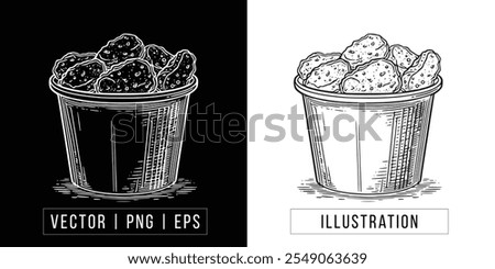 Hand-Drawn Chicken Nuggets Basket Sketch - Vector, PNG Illustration Download