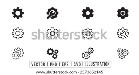 Settings glyph solid icons collection. Containing configuration, maintenance, service, tools, wrench, gear, nstallation Wizard, Restore, Gear icon set. Gear Settings symbol, cogwheel. Functions symbol