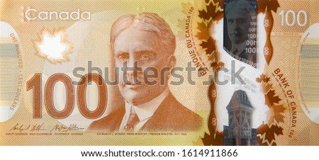 Robert Borden Portrait from Canada 100 Dollars 2011 Polymer Banknote fragment Foto stock © 