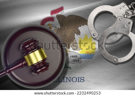 Illinois US state flag with judge mallet and handcuffs in dark room. Concept of criminal and punishment, background for guilty topics Foto d'archivio © 