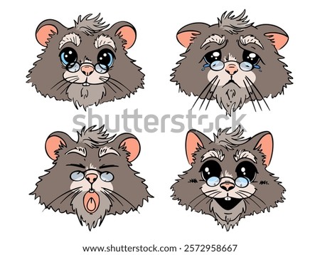 Vector set of different emotions for hamster. Cute gray and white hamster face calm, smiling, sad, yawning. 