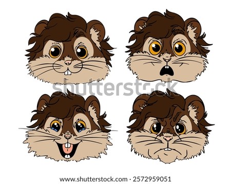 Vector set of different emotions for hamster. Cute brown and beige hamster face calm, smiling, surprised, angry. 