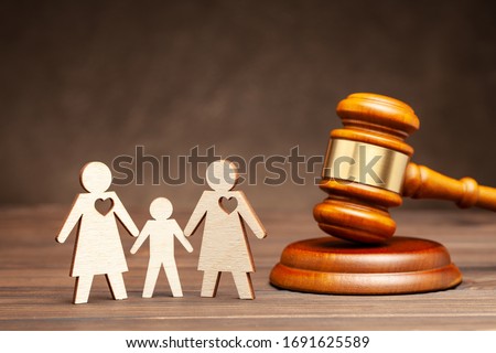 Child in same family. Adoption or sugrate motherhood in a lesbian family parental rights. Two lesbians hold hands and a child and a judge hammer.