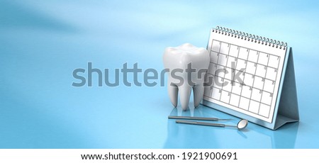 Reminder calendar for visiting the dentist. Dental appointment, check. Calendar with a tooth and a dental mirror on a blue background. Copy space for text. 3d render.
