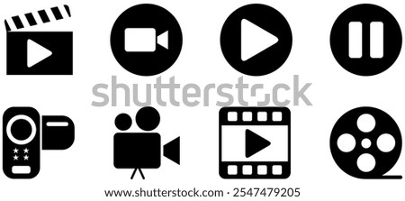 Video player icon set. Containing play or start button, pause or stop, media, camera, live, cinema, multimedia, film, handy cam, clapperboard, movie, streaming or online video. Vector illustration