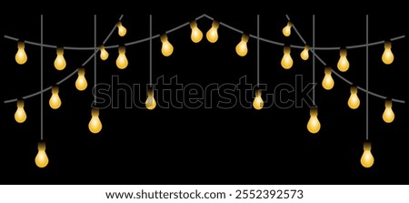 Light bulbs garland. Isolated holiday decoration, lamps frame. For Christmas, Ramadan, Al-Adha and Eid banners, wedding or birthday cards. Transparent background can be removed in vector format