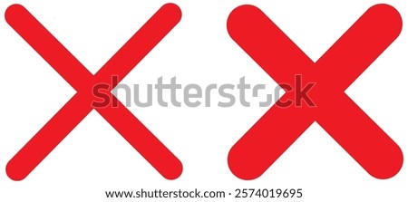 Cross sign element. Red X icon isolated on white background. Simple mark graphic design. Button for vote, decision, web. Symbol of error, check, wrong and stop, failed. Vector illustration