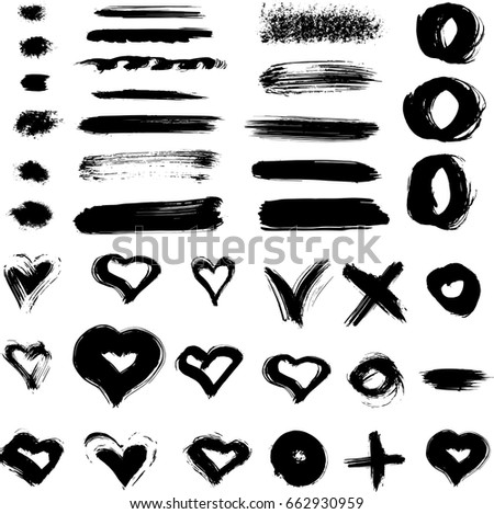 Vector set of hand drawn brush blurs. Hearts and circles, crosses, lines. Plus and minus. Strokes.