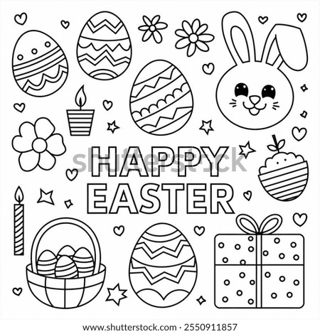 Easter-themed vector featuring decorated Easter eggs, a bunny face, flowers, a candle, a basket filled with eggs, a gift box, a cupcake, and the text 'HAPPY EASTER' in the center.