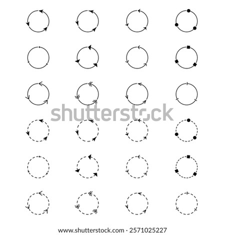 Circular Arrow Set Vector Illustration. Each row features variations of circular designs, including solid and dashed circles, arrows in different styles and directions.