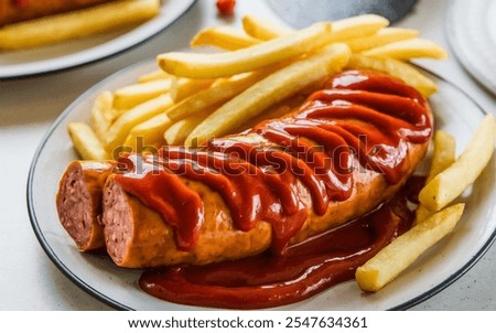 Similar – Foto Bild Currywurst in einer Pappschale mit rotem Piekser