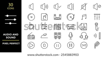 Sound Music Icon set, Thing Line Crisp Outline Vector Icons for Sound Engineering, Studio websites, mobile apps, UI UX design, presentations, and business tools