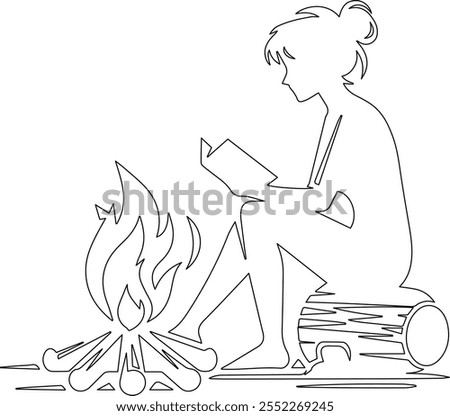 Line art vector design of a person sitting by a campfire, with gentle flames illuminating the peaceful night, capturing a moment of solitude in nature.