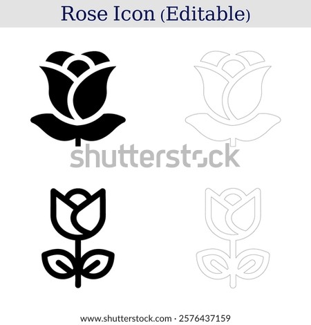 minimalistic rose icons in a 2x2 grid layout. black and gray stylized rose designs for logos. abstract and outlined rose illustrations for modern designs.
