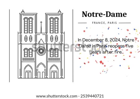 In December 8, 2024, Notre Dame in Paris reopens five years after fire. Notre Dame Cathedral - Paris - Stock Illustration as EPS 10 File. France icons design. France, Paris. monument line style vector