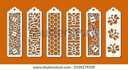 Set of vertical bookmarks with bee pattern. Laser cut template. Decorative bookmark stencil for paper, wood and metal cutting. Vector design