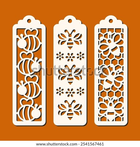 Set of vertical bookmarks with bee pattern. Laser cut template. Decorative bookmark stencil for paper, wood and metal cutting. Vector design	