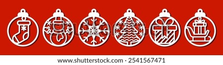 Set of round Christmas ball designs, pendant or keychain. Winter holidays ornaments. Jewelry laser cut template. Cnc cutting with metal, wood or leather. New Years decorative vector circle elements