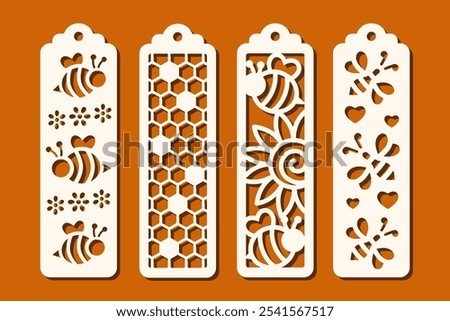 Set of vertical bookmark designs with bee and honeycomb pattern. Laser cut template. Decorative bookmark vector stencil for paper, wood and metal cutting