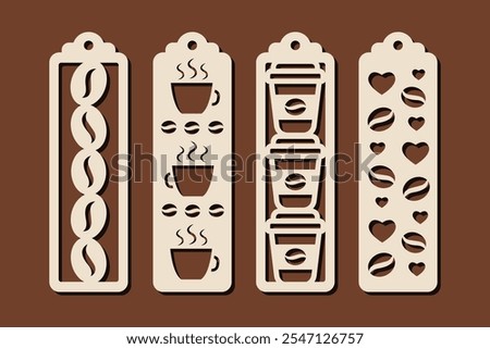 Set of vertical bookmark designs with coffee pattern. Laser cut template. Decorative bookmark vector stencil for paper, wood and metal cutting