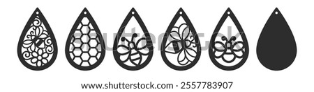 Set of vector designs with bee for teardrop earrings, pendant or keychain. Jewelry silhouette laser cut template. Cnc cutting with metal, wood or leather