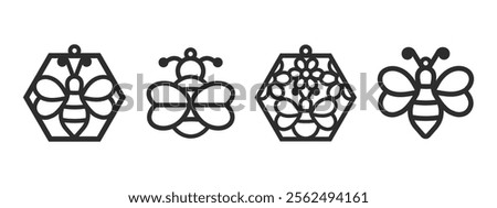 Set of vector designs for earring, pendant or keychain with bee shape. Jewelry silhouette laser cut template. Cnc cutting with metal, wood or leather