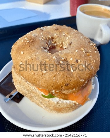 Similar – Image, Stock Photo Delicious salmon bagel on plate in kitchen