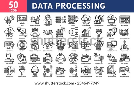 Data Processing Icon Set Collection. Simple Line Vector