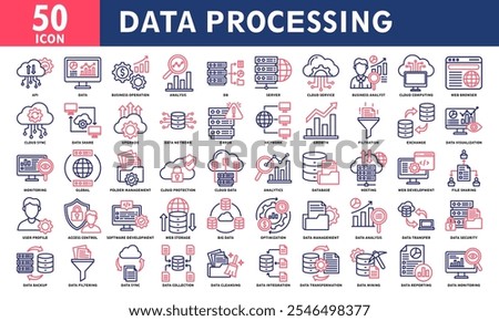 Data Processing Icon Set Collection. Simple Line Color Vector