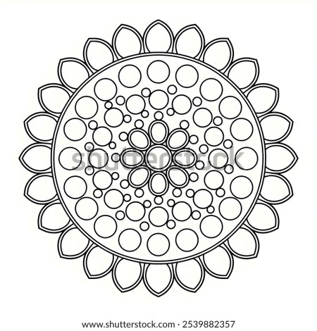 A coloring page illustration of a round shape flower mandala 