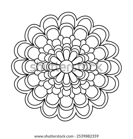 A coloring page illustration of a round shape flower mandala 