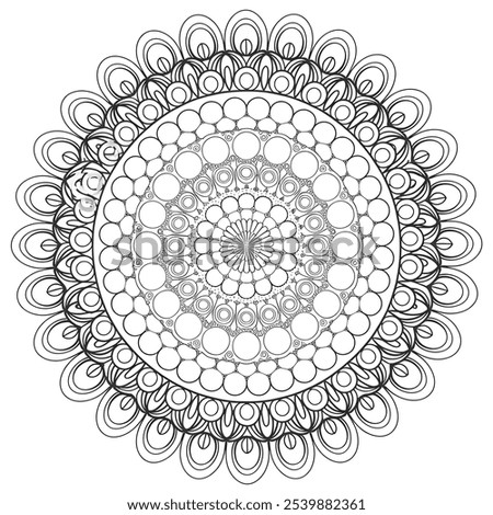 A coloring page illustration of a round shape flower mandala 